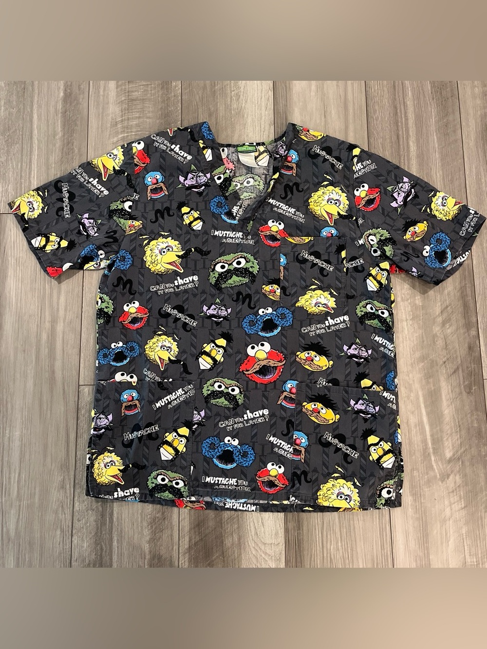 Sesame Street Black Short Sleeve Scrub Top with Mustaches on Characters